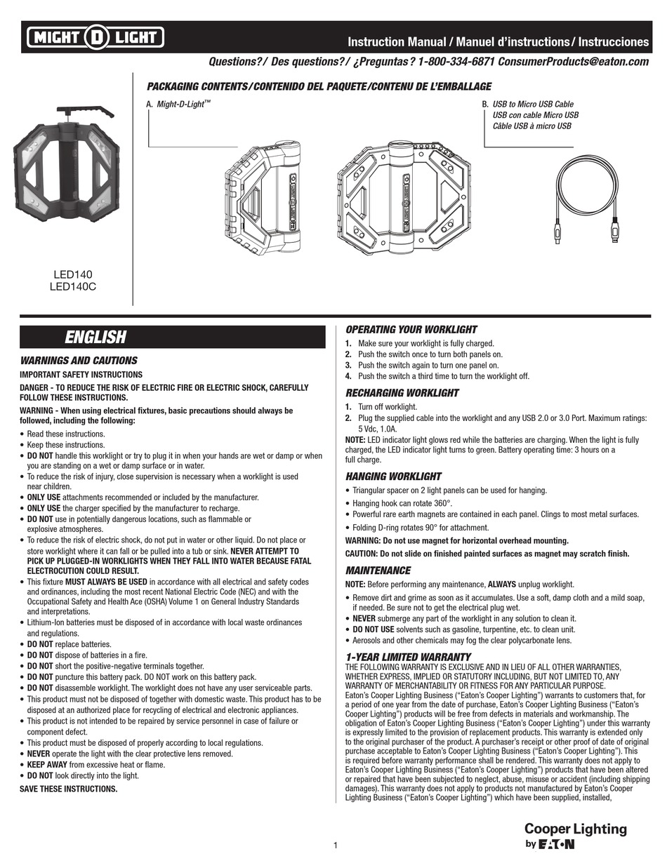 EATON COOPER LIGHTING MIGHT D LIGHT LED140 INSTRUCTION MANUAL Pdf