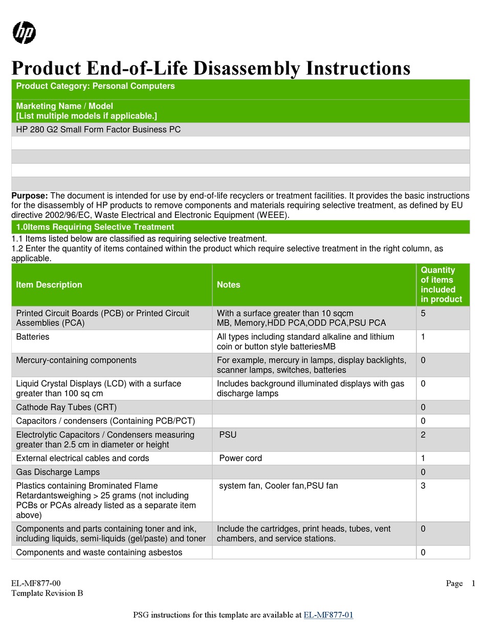 Hp 280 G2 Small Form Factor Business Product End Of Life Disassembly Instructions Pdf Download Manualslib