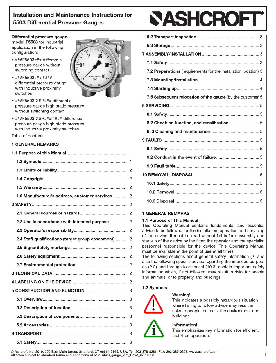 ASHCROFT F5503 INSTALLATION AND MAINTENANCE INSTRUCTIONS MANUAL Pdf