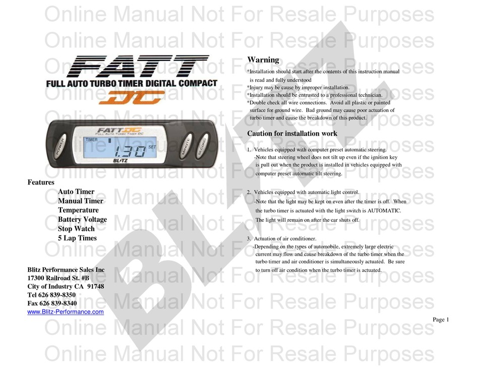 Blitz Fatt Dc Quick Start Manual Pdf, Blitz Fatt Turbo Timer Wiring Diagram