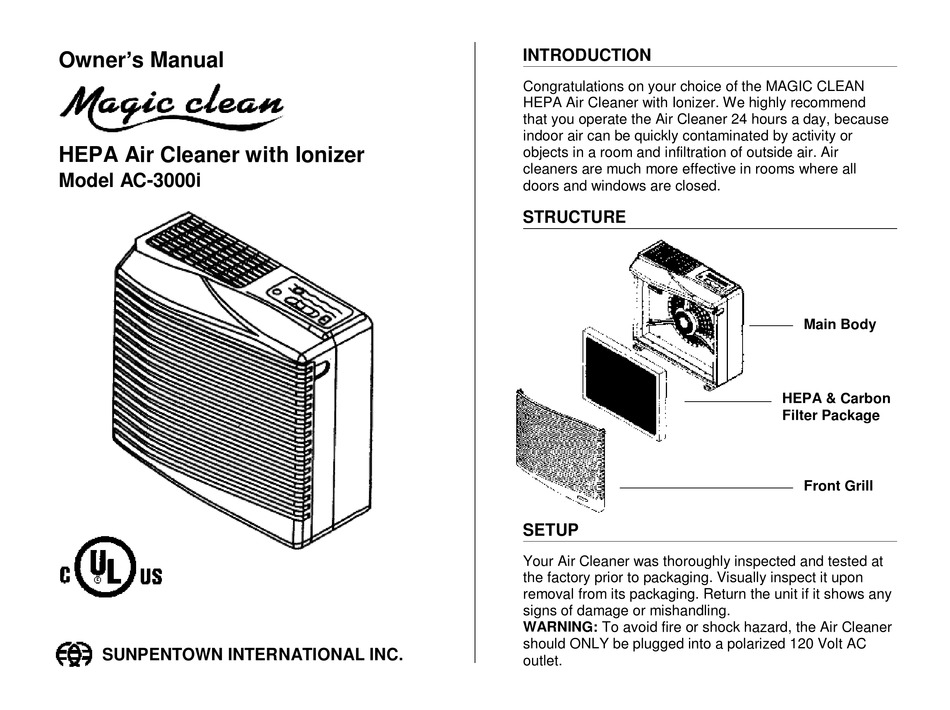 SUNPENTOWN MAGIC CLEAN AC3000I OWNER