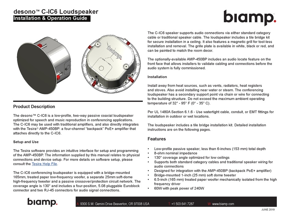 BIAMP DESONO CIC6 INSTALLATION & OPERATION MANUAL Pdf Download