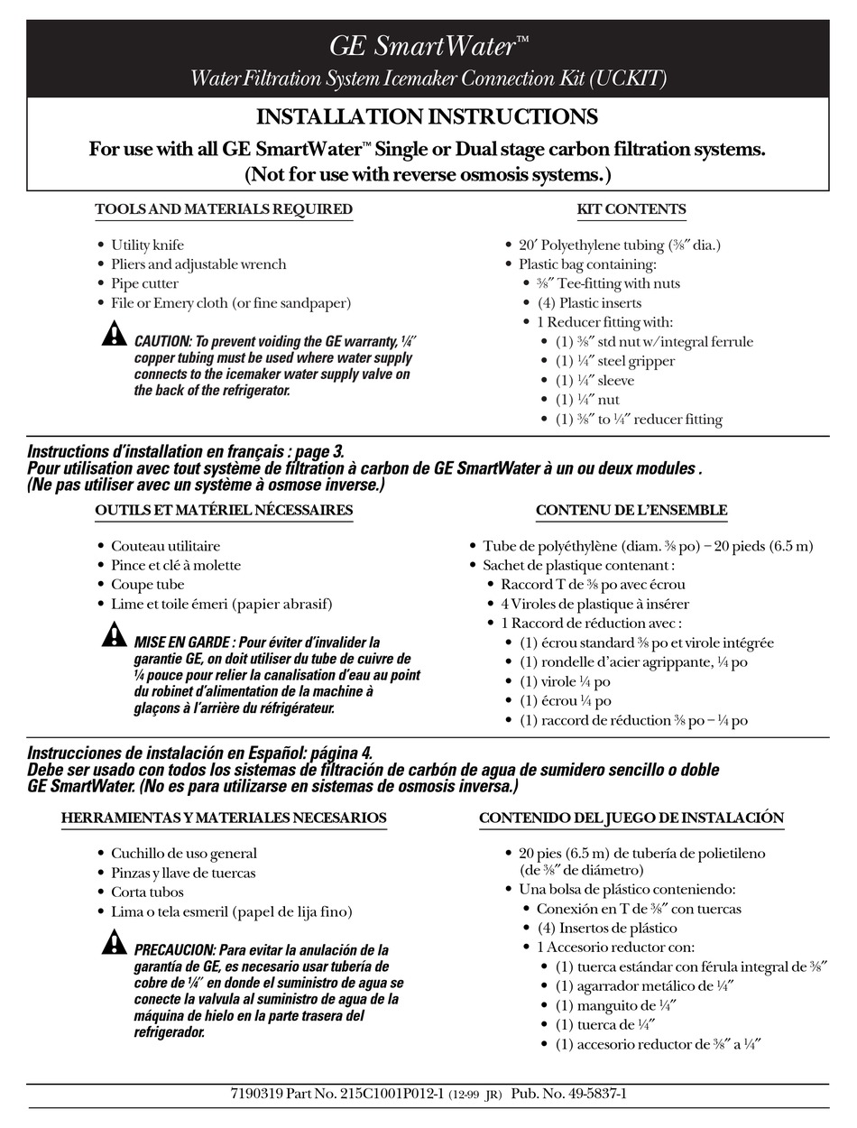 GE SMARTWATER UCKIT INSTALLATION INSTRUCTIONS Pdf Download ManualsLib