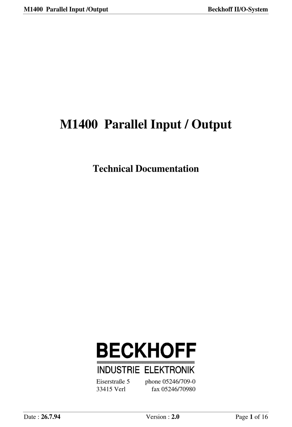 BECKHOFF M1400 TECHNICAL DOCUMENTATION MANUAL Pdf Download | ManualsLib