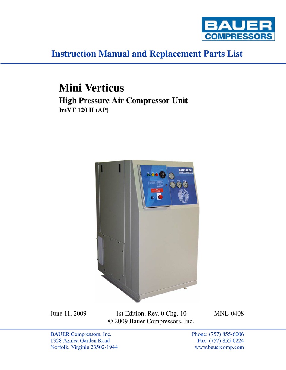BAUER COMPRESSORS MINI VERTICUS IMVT 120 II INSTRUCTION MANUAL AND