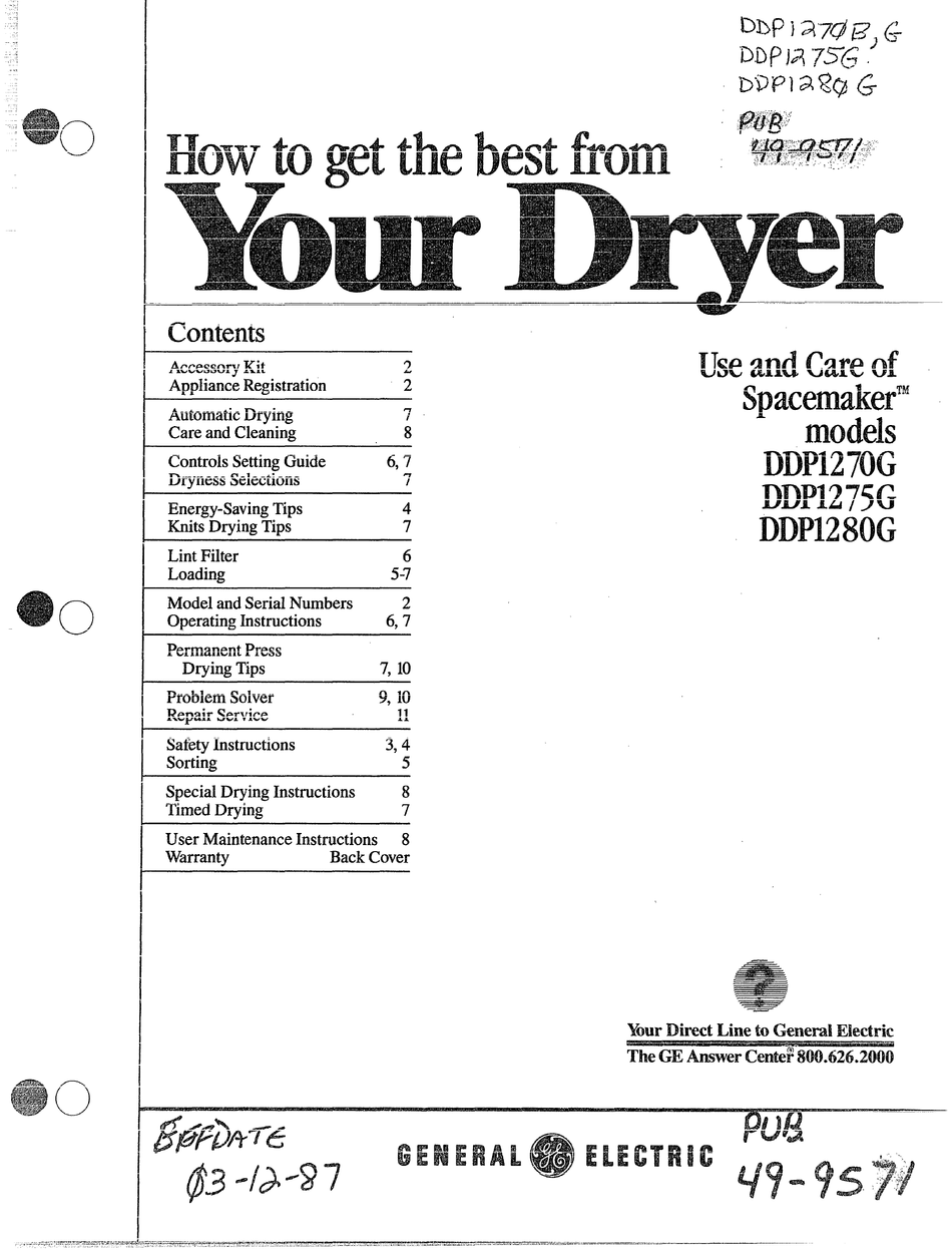 GE SPACEMAKER DDP1270G USE AND CARE MANUAL Pdf Download ManualsLib
