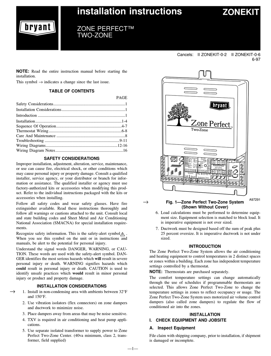 Bryant Zone Perfect Two Zone Installation Instructions Manual Pdf Download Manualslib