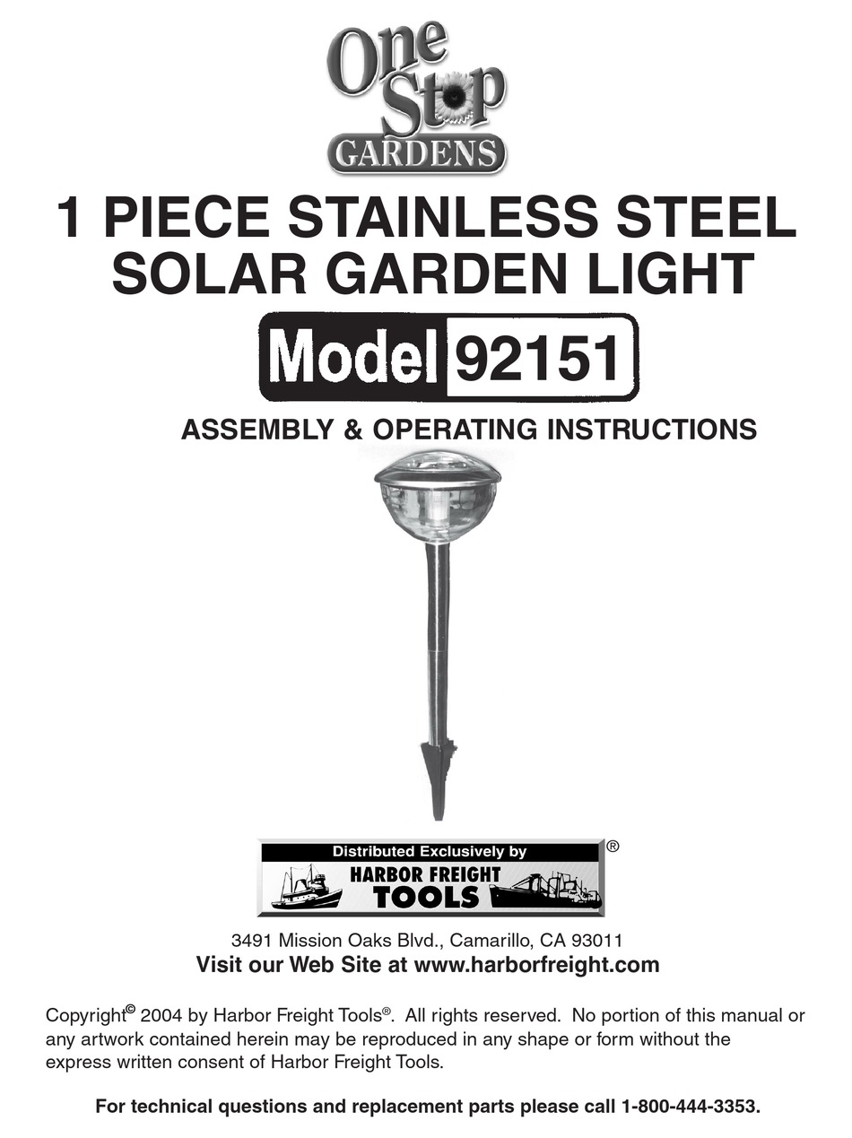 HARBOR FREIGHT TOOLS ONE STOP GARDENS 92151 ASSEMBLY & OPERATING