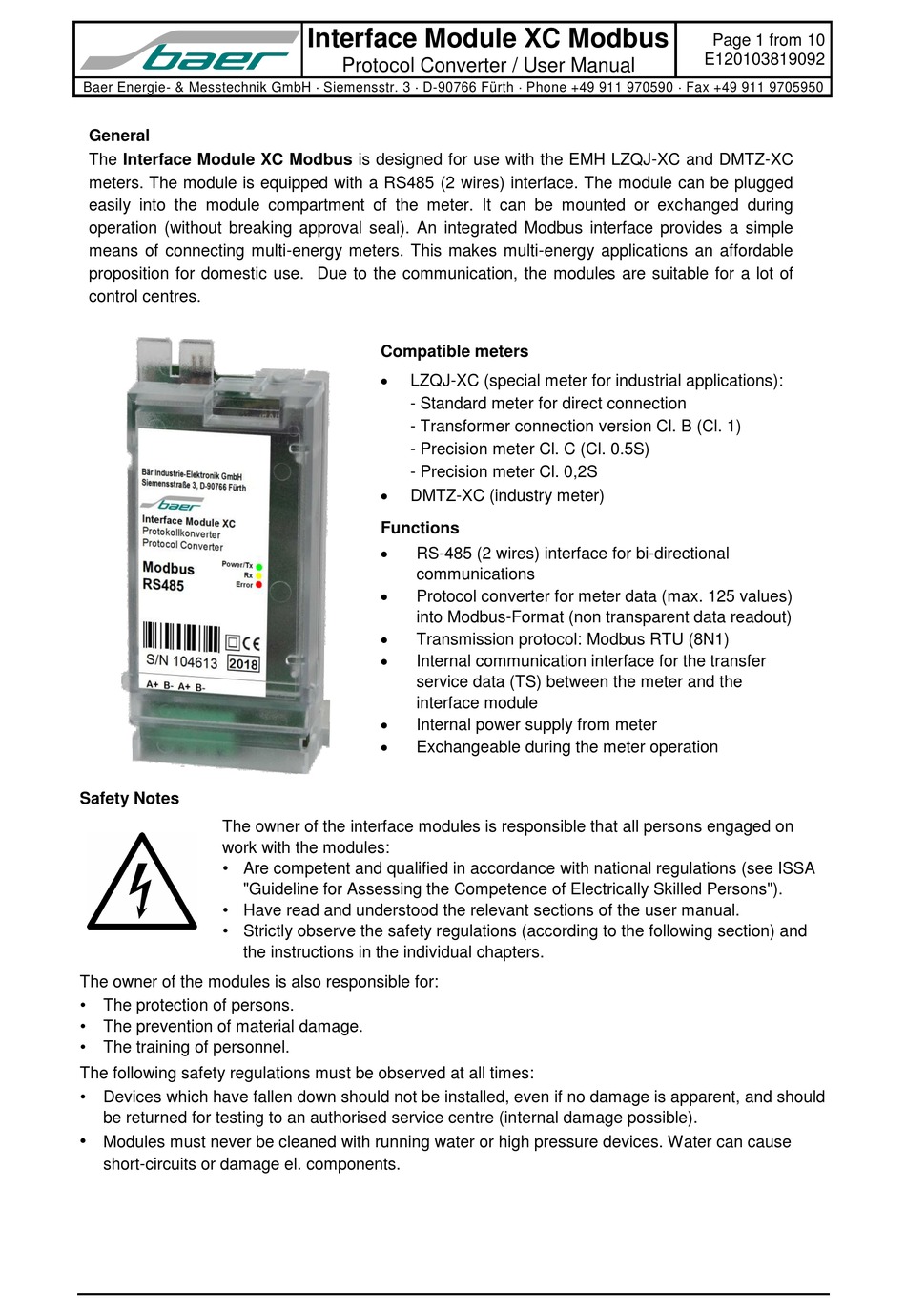 BAER INTERFACE MODULE XC MODBUS USER MANUAL Pdf Download ManualsLib