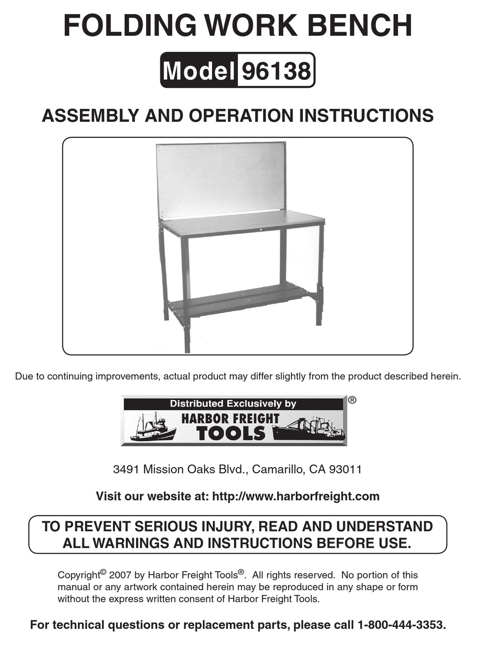 HARBOR FREIGHT TOOLS 96138 ASSEMBLY AND OPERATION INSTRUCTIONS MANUAL