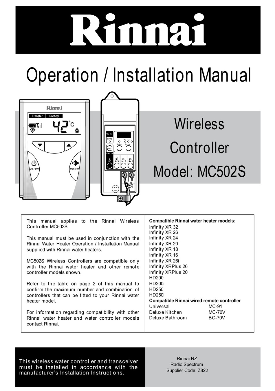 RINNAI MC502S OPERATION u0026 INSTALLATION MANUAL Pdf Download | ManualsLib