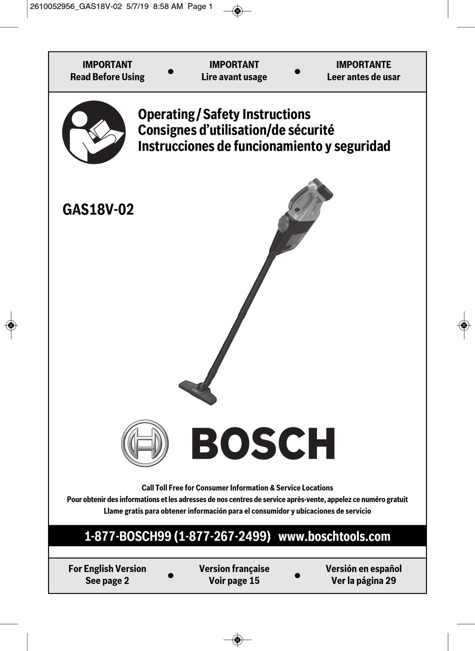 BOSCH GAS18V02 OPERATING/SAFETY INSTRUCTIONS MANUAL Pdf Download