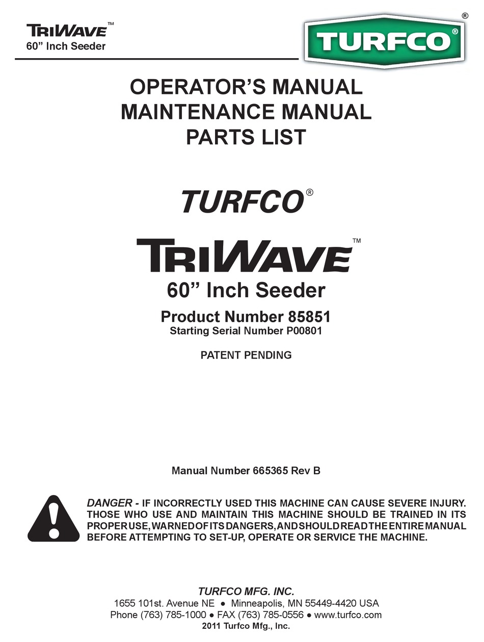 Turfco Triwave 85851 Operator Maintenance And Parts Manual Pdf Download Manualslib