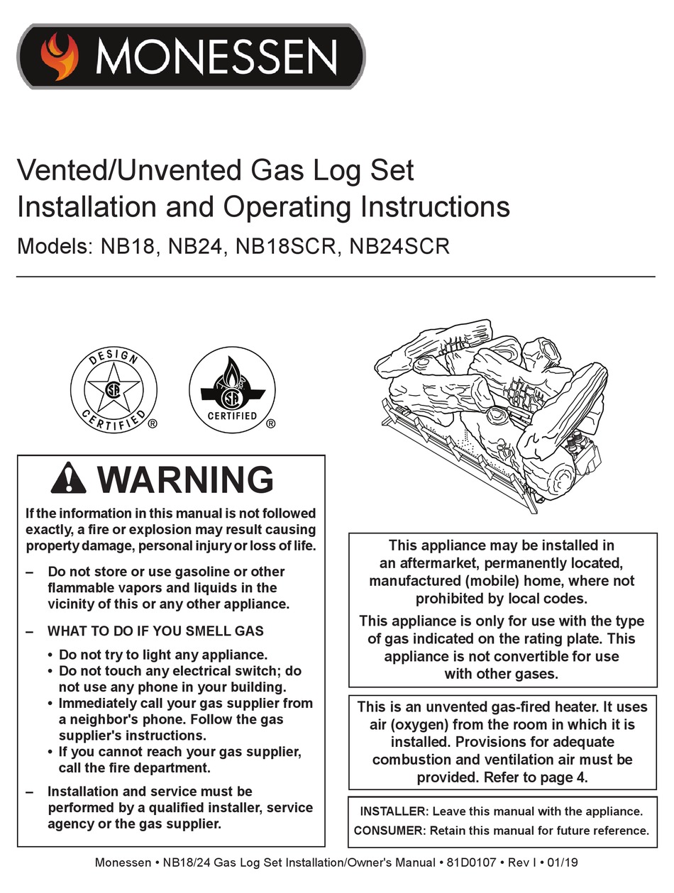 MONESSEN HEARTH NB18 INSTALLATION AND OPERATING INSTRUCTIONS MANUAL Pdf
