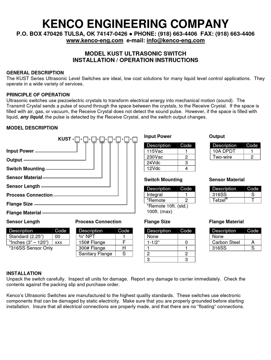 KENCO KUST SERIES INSTALLATION & OPERATION INSTRUCTIONS Pdf Download