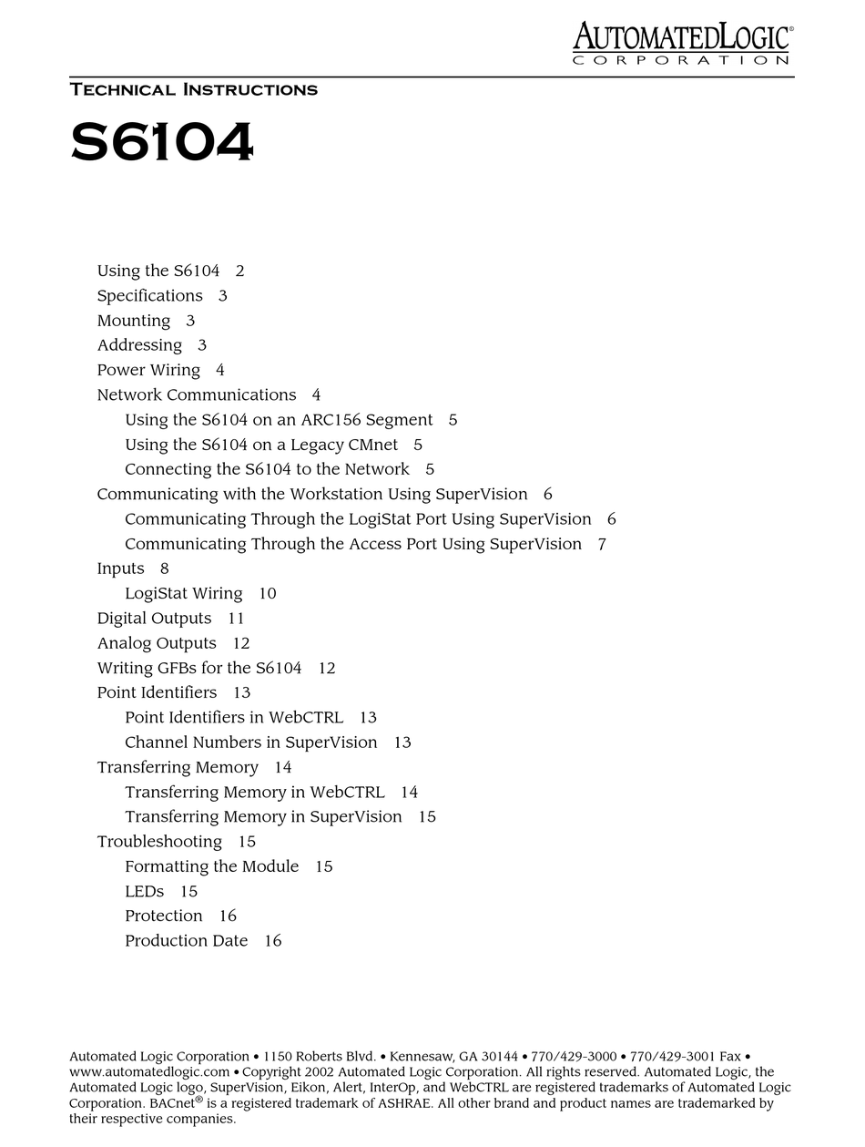 AUTOMATED LOGIC S6104 TECHNICAL INSTRUCTIONS Pdf Download | ManualsLib