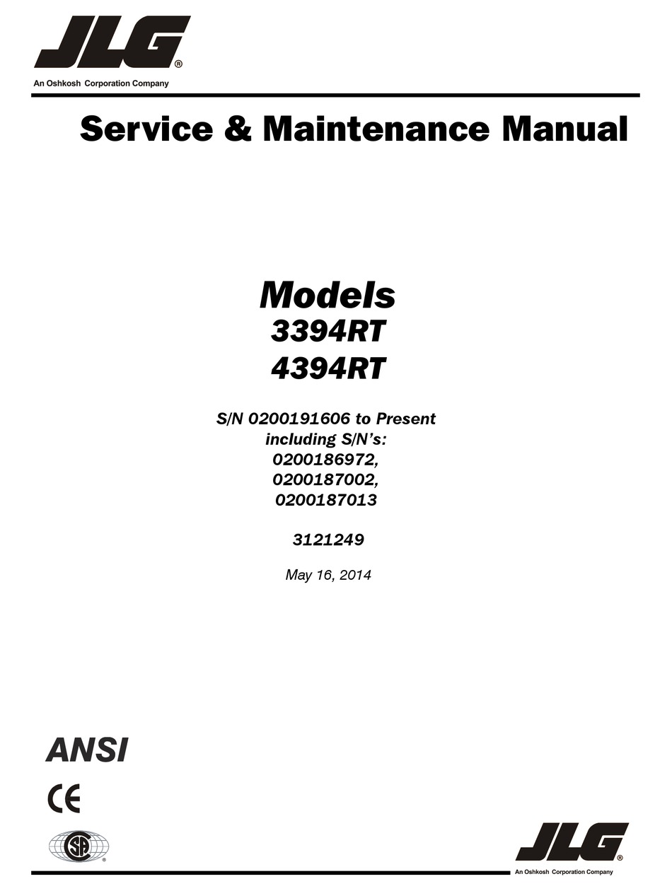 OSHKOSH CORPORATION JLG 3394RT SERVICE MAINTENANCE MANUAL Pdf Download