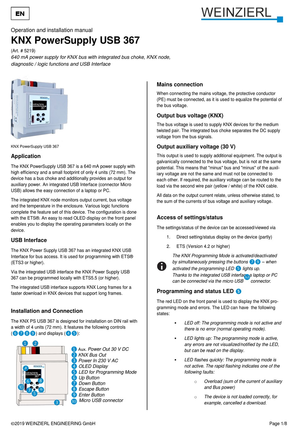 WEINZIERL KNX POWERSUPPLY USB 367 OPERATION AND INSTALLATION MANUAL Pdf