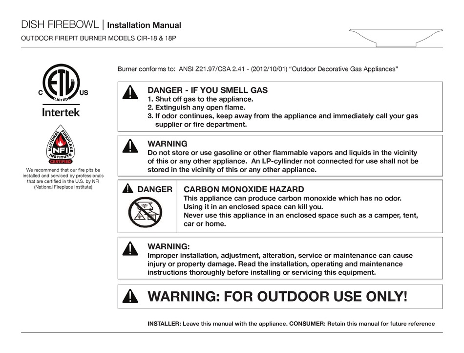 Intertek Cir 18 Installation Manual Pdf, Intertek Outdoor Gas Fire Pit