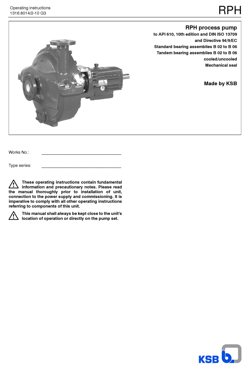 KSB RPH SERIES OPERATING INSTRUCTIONS MANUAL Pdf Download | ManualsLib