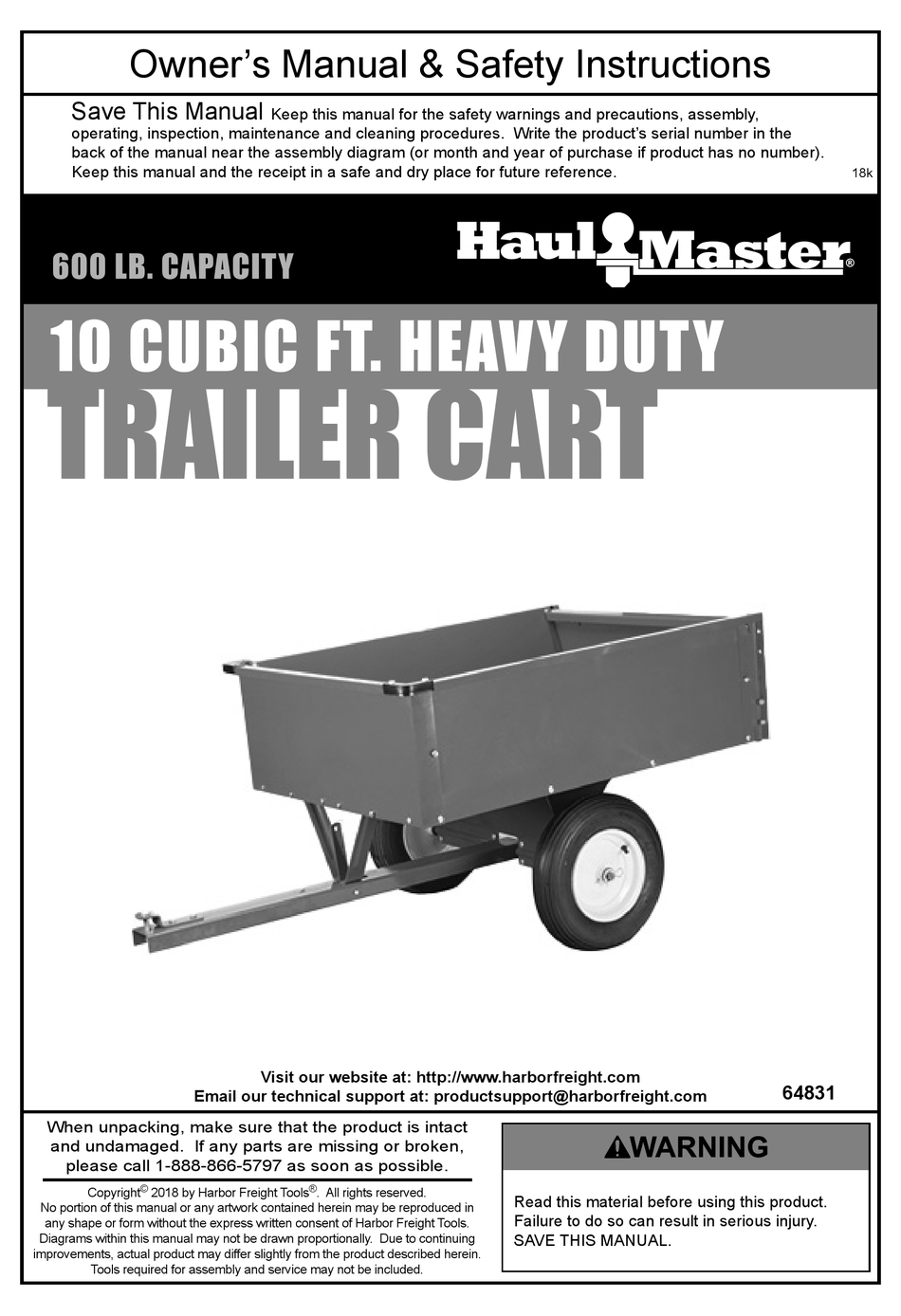 HARBOR FREIGHT TOOLS HAULMASTER 64831 OWNER'S MANUAL & SAFETY