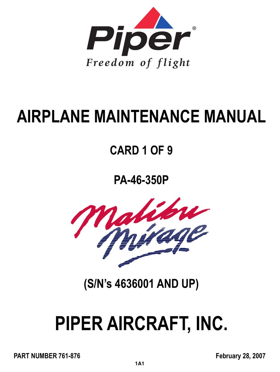 New 1989-1995 Piper PA46-350P Malibu Mirage Pilot Information Manual p/n 761-825 