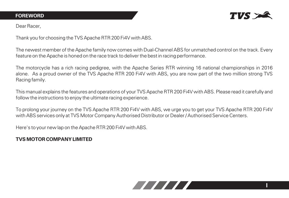 Tvs Apache Rtr 200 Fi4v With Abs Owner S Manual Pdf Download Manualslib
