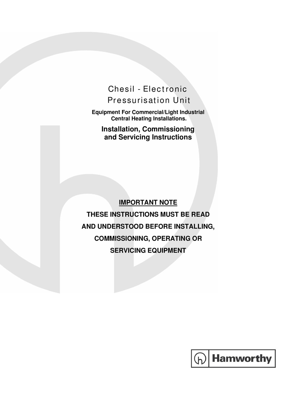 HAMWORTHY 563216020 INSTALLATION, COMMISSIONING AND SERVICING
