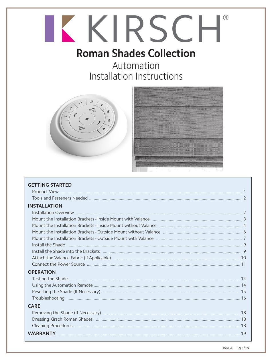 KIRSCH ROMAN SHADES AUTOMATION INSTALLATION INSTRUCTIONS MANUAL Pdf