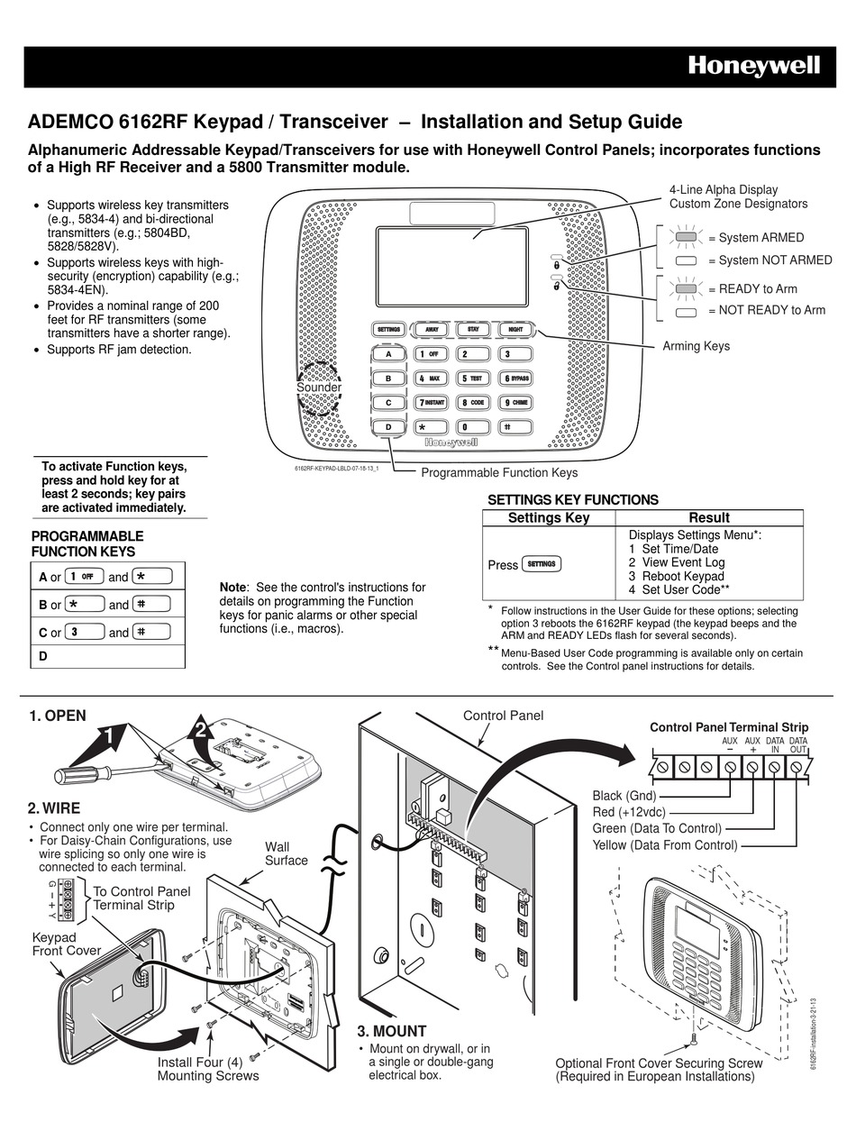 Honeywell Ademco 6162rf Installation And Setup Manual Pdf Download Manualslib