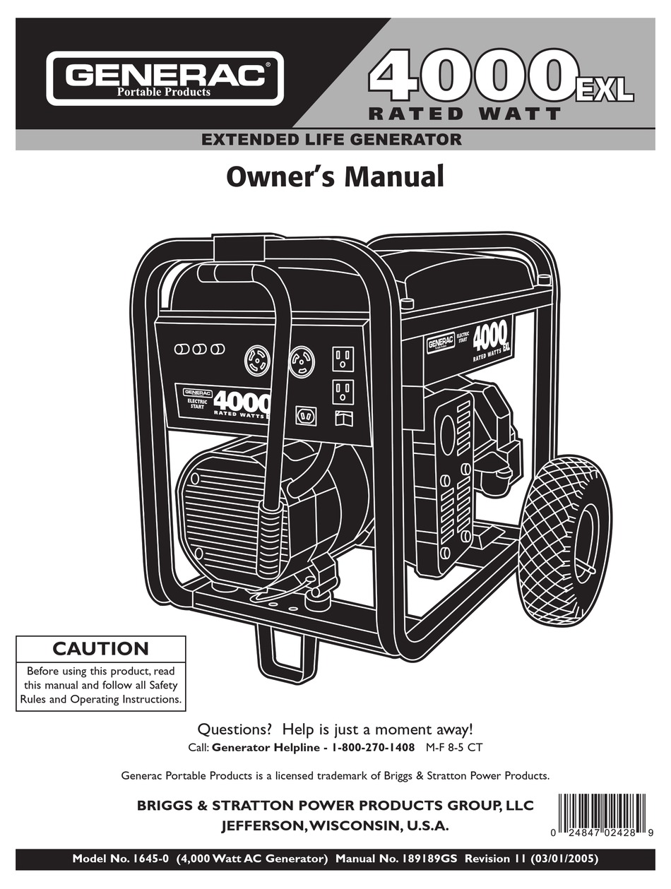 GENERAC POWER SYSTEMS 4000EXL OWNER'S MANUAL Pdf Download ManualsLib