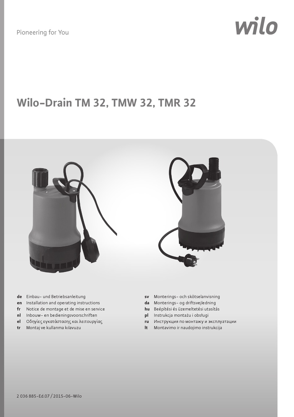 WILO DRAIN TM 32 INSTALLATION AND OPERATING INSTRUCTIONS MANUAL Pdf ...