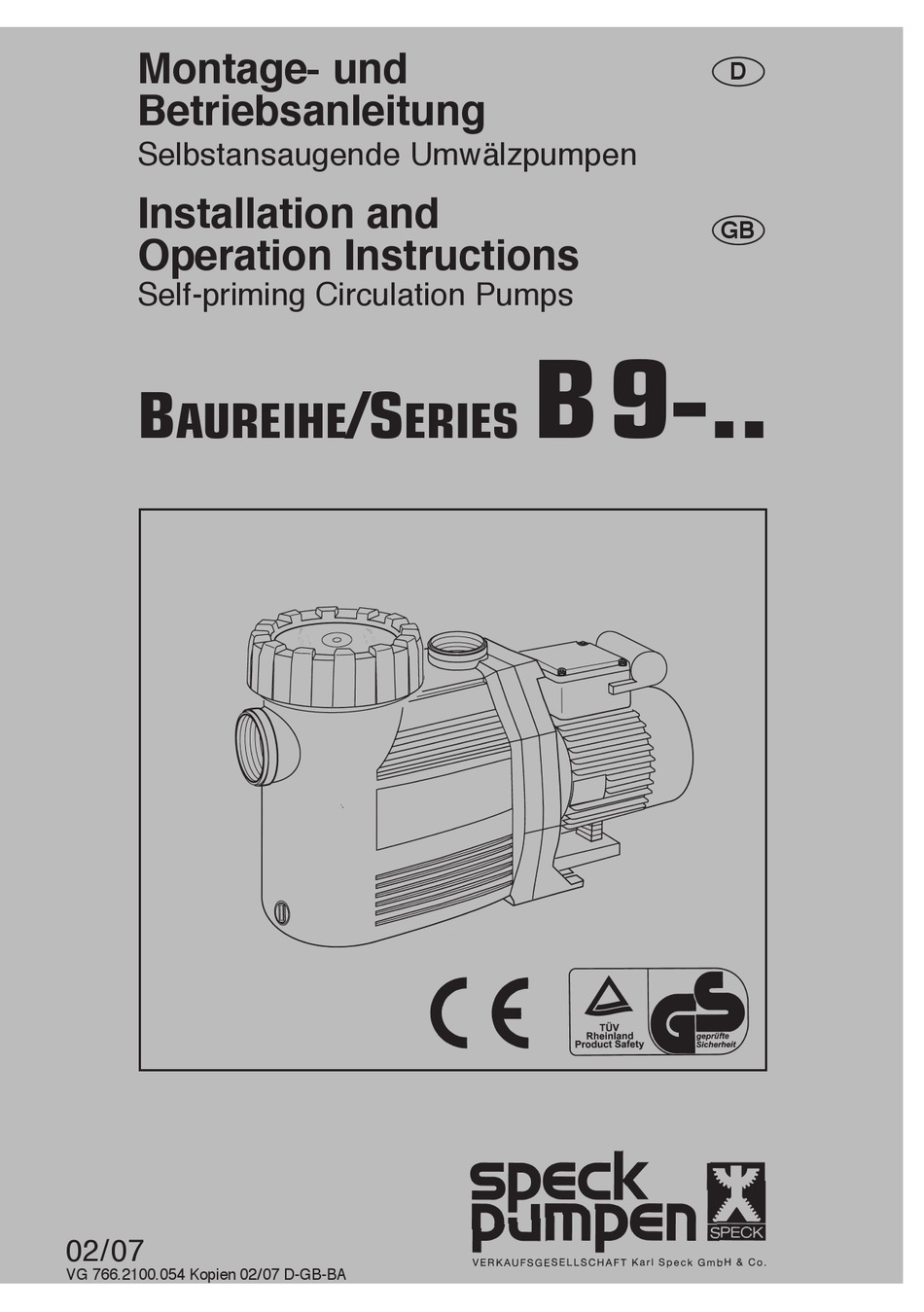 SPECK PUMPEN B9 SERIES INSTALLATION AND OPERATION INSTRUCTIONS MANUAL