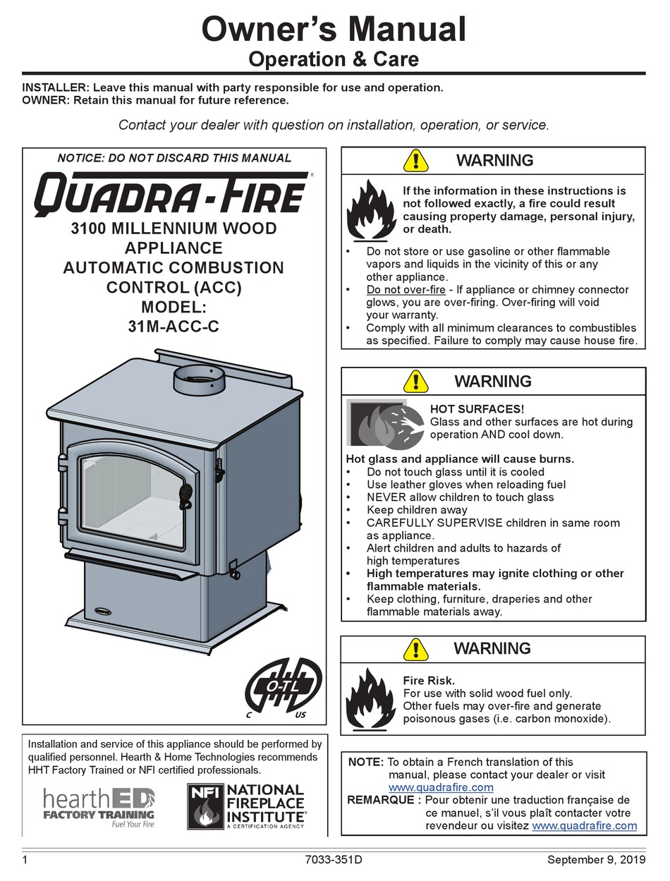 QUADRA-FIRE 3100 MILLENNIUM OWNER'S MANUAL Pdf Download | ManualsLib