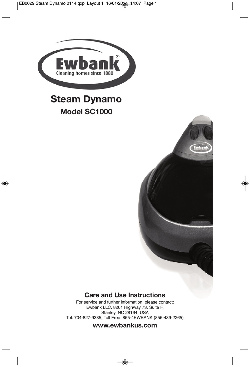 EWBANK STEAM DYNAMO SC1000 CARE AND USE INSTRUCTIONS MANUAL Pdf