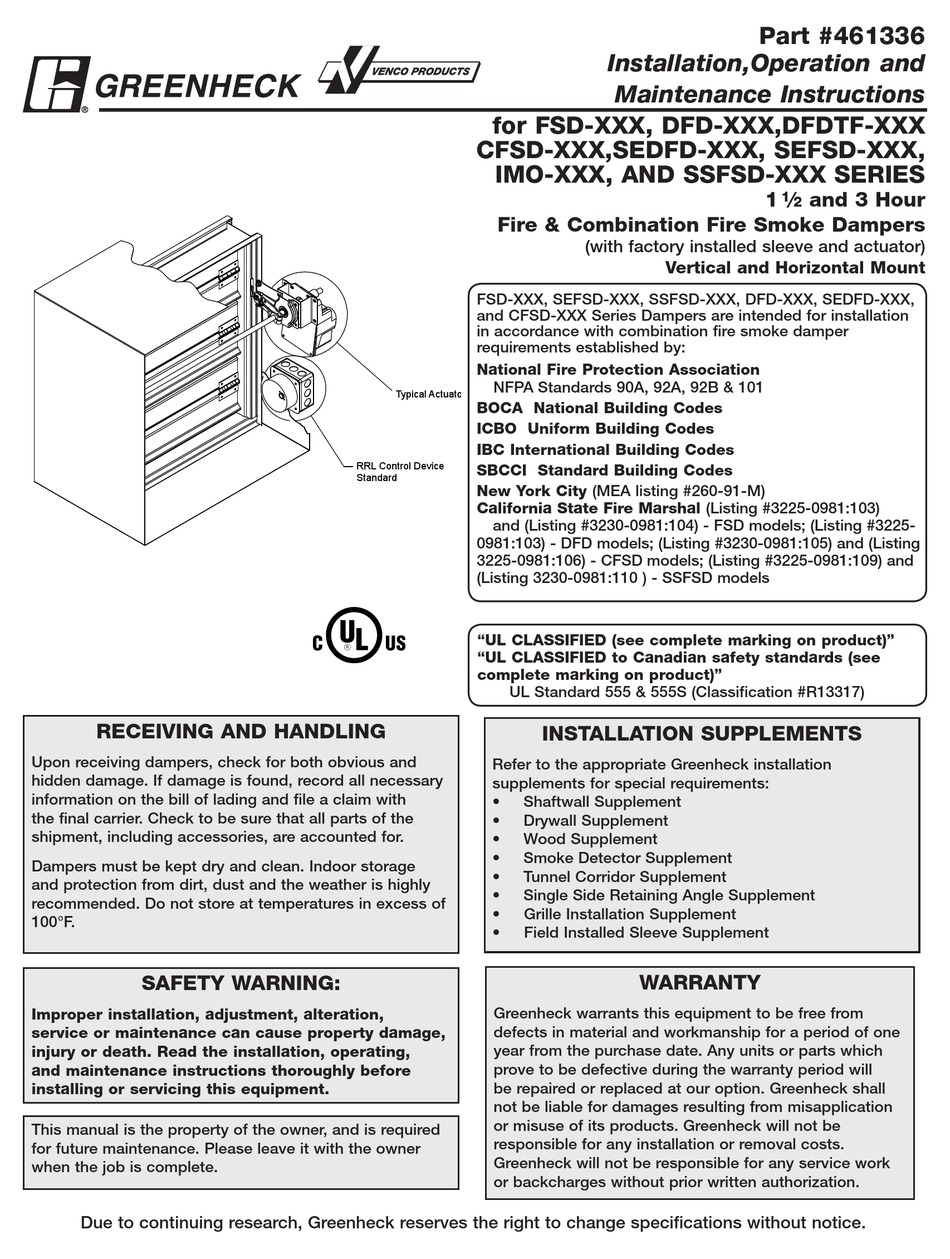GREENHECK FSD SERIES INSTALLATION, OPERATION AND MAINTENANCE