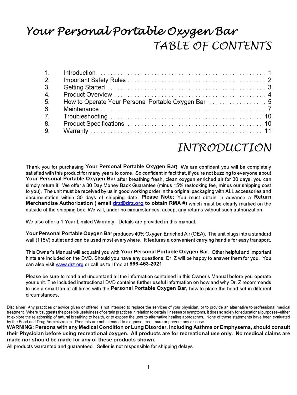 DR. Z AMPLIFICATION YOUR PERSONAL PORTABLE OXYGEN BAR MANUAL Pdf Download ManualsLib