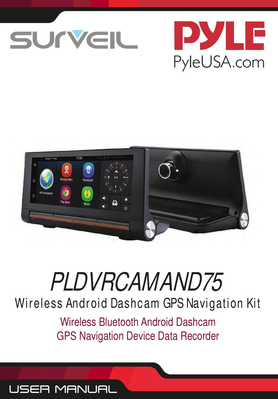 Pyle PLDVRCAMAND75 - Touchscreen Android DVR Dashcam with Dual Built-in Cameras, GPS Navigation, Wi-Fi, Bluetooth Wireless