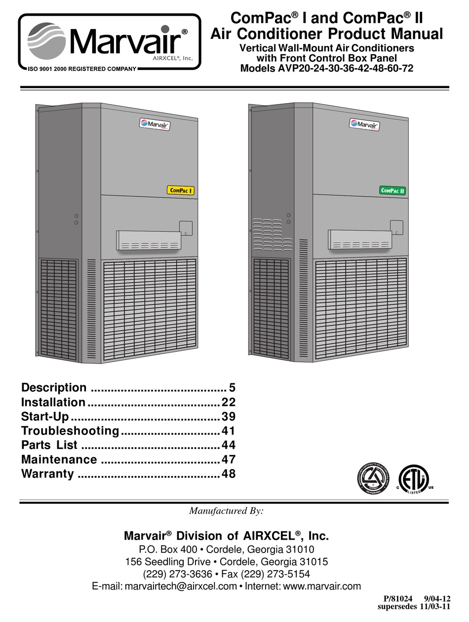 Airxcel Marvair Compac Ii Series Product Manual Pdf Download Manualslib