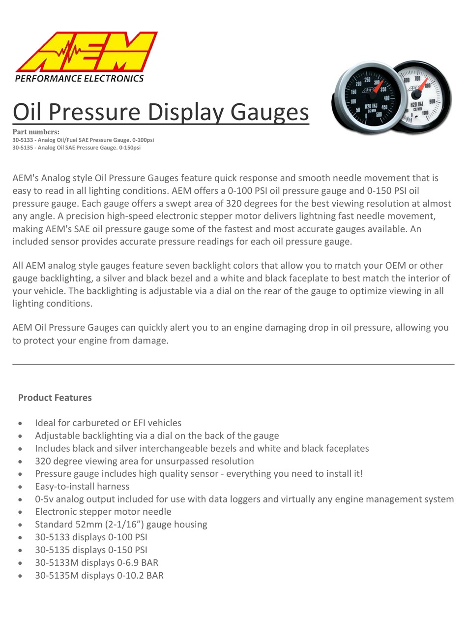 AEM 30-5135 0-150PSI SAE Oil Pressure Analog Gauge 