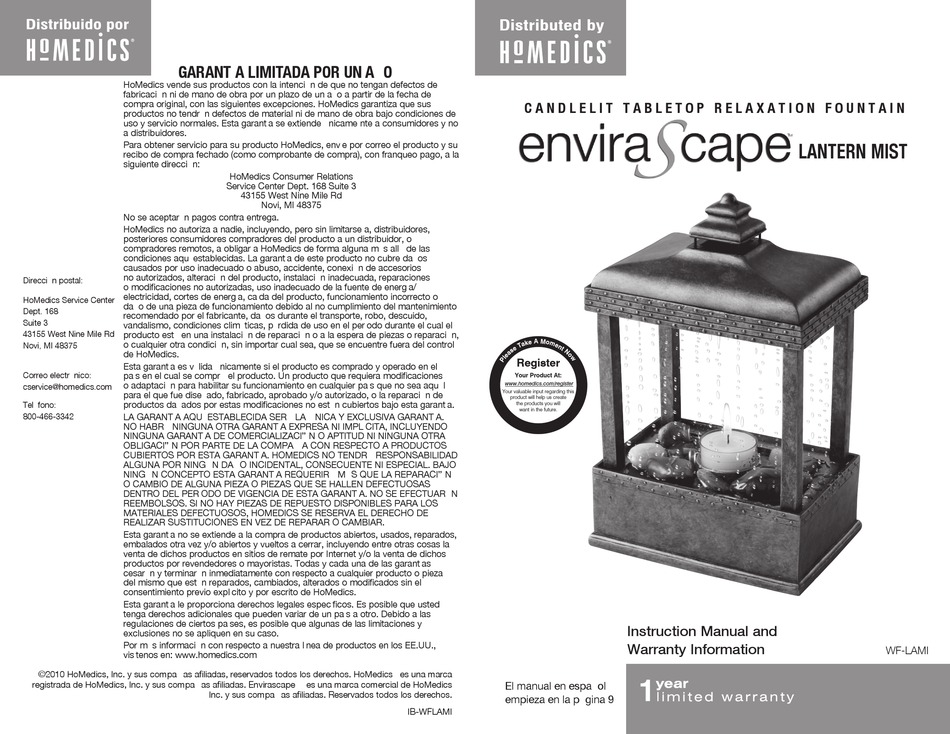 HOMEDICS ENVIRASCAPE LANTERN MIST WFLAMI INSTRUCTION MANUAL AND