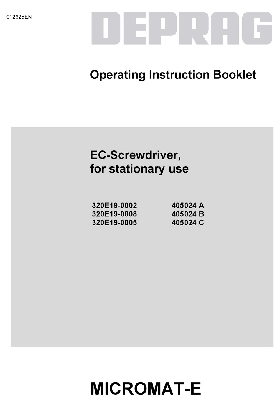 DEPRAG MICROMATE 320E190008 OPERATING INSTRUCTION BOOKLET Pdf
