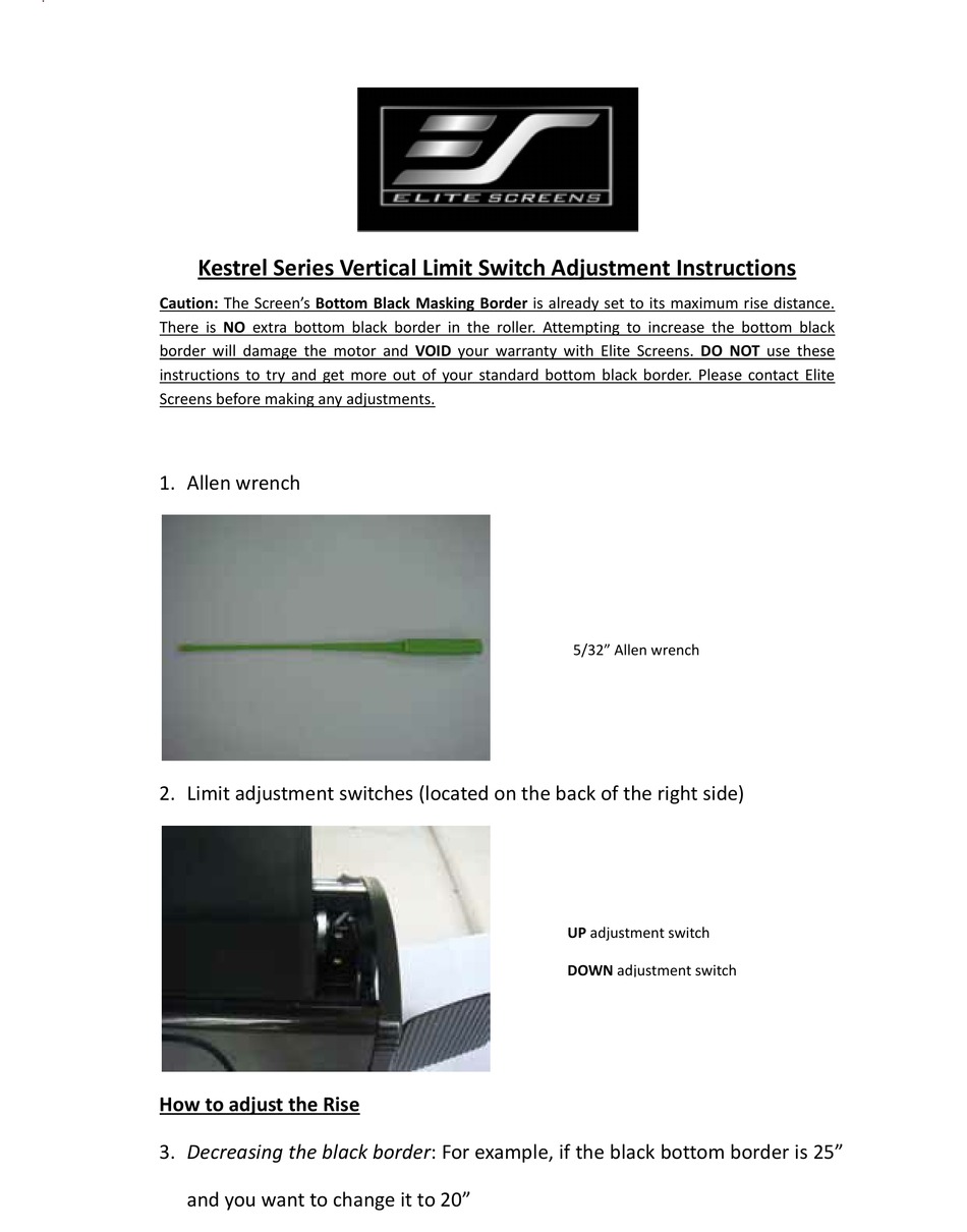 ELITE SCREENS KESTREL SERIES ADJUSTMENT INSTRUCTIONS MANUAL Pdf
