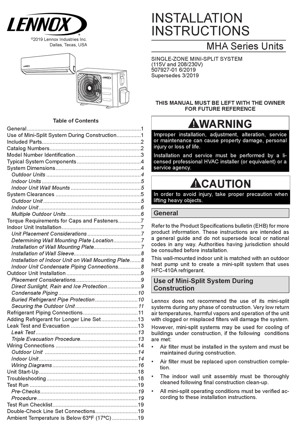 LENNOX MHA SERIES INSTALLATION INSTRUCTIONS MANUAL Pdf Download