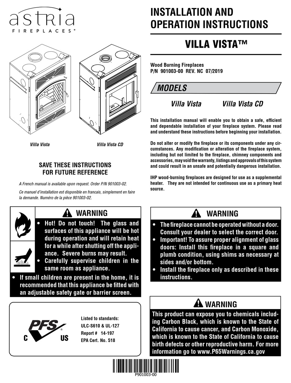 ASTRIA FIREPLACES VILLA VISTA INSTALLATION AND OPERATION INSTRUCTIONS