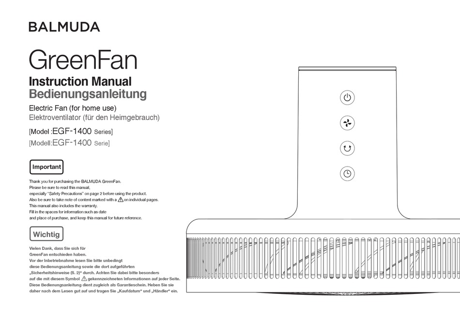 BALMUDA GREENFAN EGF1400 SERIES INSTRUCTION MANUAL Pdf Download