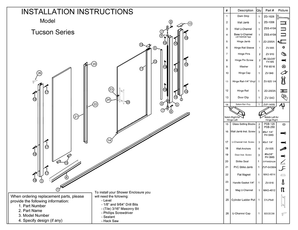 ARIZONA SHOWER DOOR TYCSON SERIES INSTALLATION INSTRUCTIONS MANUAL Pdf