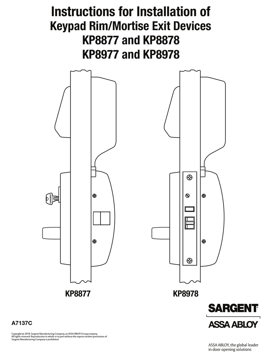 ASSA ABLOY SARGENT KP8977 INSTRUCTIONS FOR INSTALLATION MANUAL Pdf