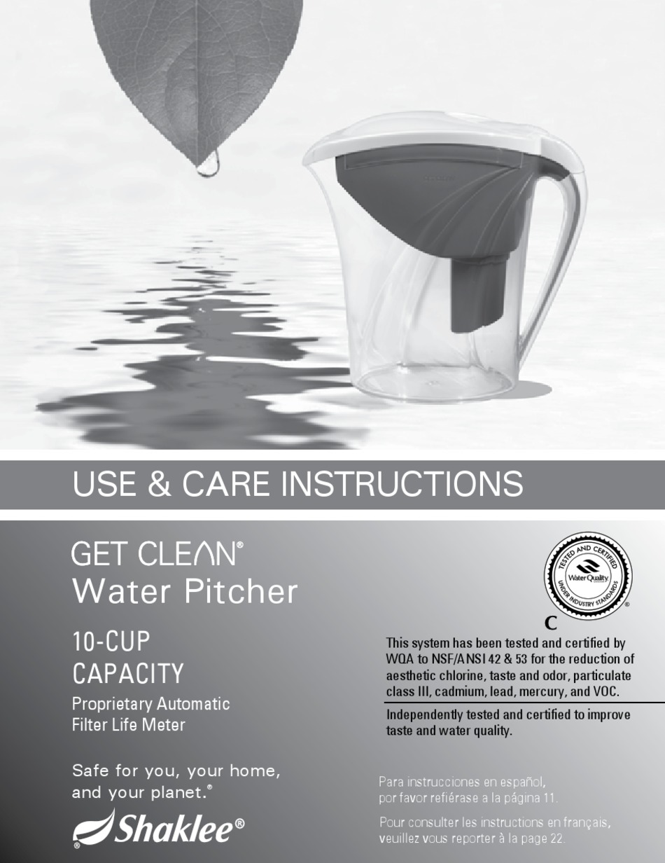 SHAKLEE GET CLEAN WATER PITCHER USE & CARE INSTRUCTIONS MANUAL Pdf