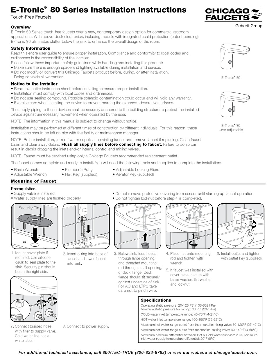 CHICAGO FAUCETS ETRONIC 80 SERIES INSTALLATION INSTRUCTIONS Pdf Download ManualsLib